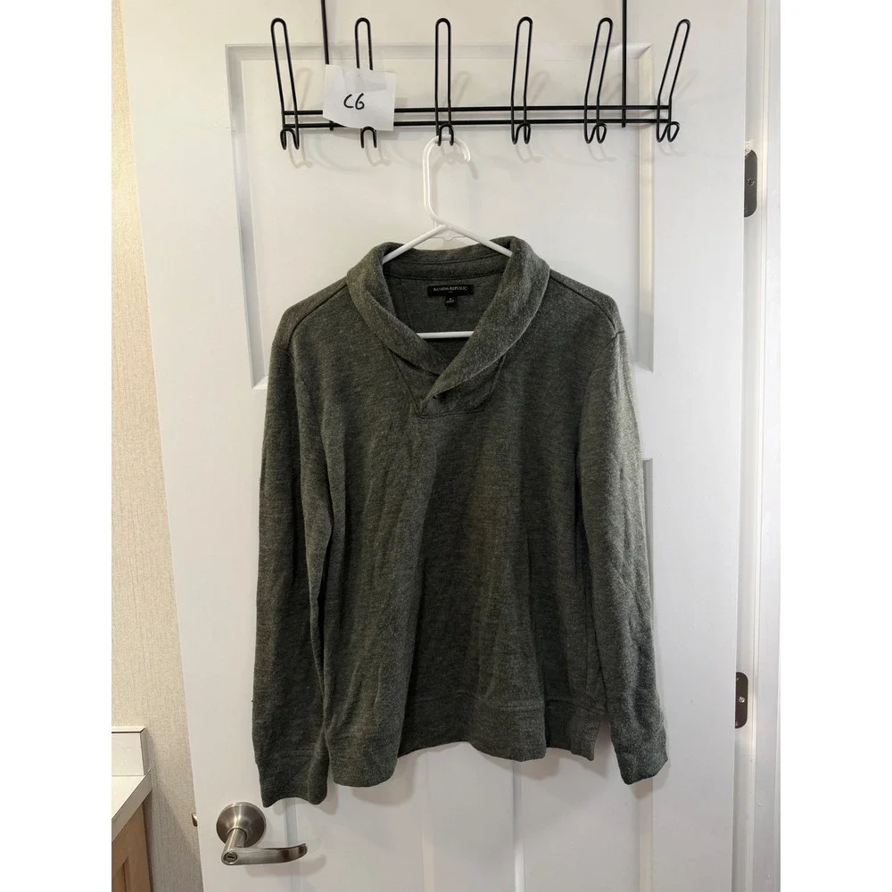 Banana Republic Mens Shawl Collar Pullover Sweater Heathered Olive Green Small